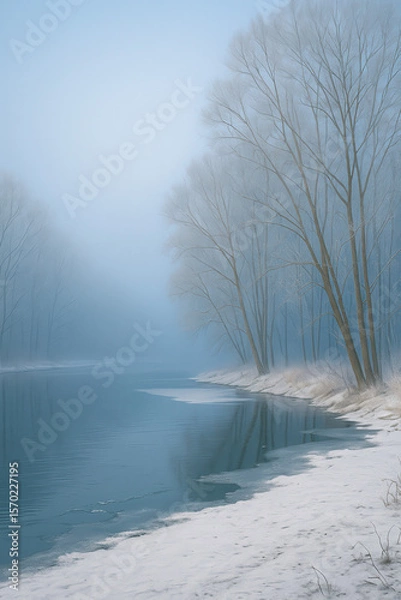 Obraz Tranquil frozen river bending through a snowy landscape with frost covered leafless trees disappearing into thick winter fog in peaceful cold morning scene
