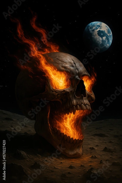 Obraz Fiery human skull engulfed in realistic flames with blazing eyes and mouth set on a dark lunar landscape with Earth visible in the starry space background high fantasy horror concept