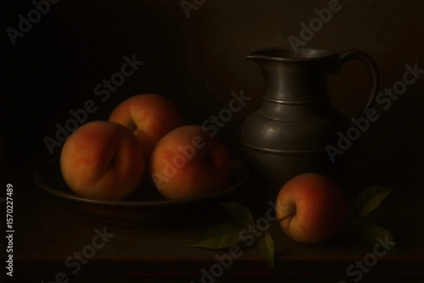 Obraz Classic still life painting of ripe peaches in a bowl with antique metal pitcher in dark moody lighting