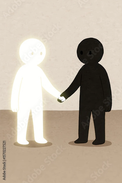 Obraz Conceptual art of glowing white figure shaking hands with dark shadow figure representing duality unity or light and darkness