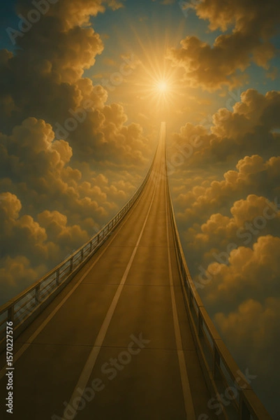Obraz Surreal road leading into glowing sunset sky surrounded by dramatic clouds symbolizing spiritual journey or path to heaven