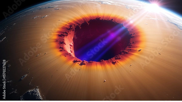 Obraz A view from the stratosphere of the ozone hole, where chlorofluorocarbon molecules destroy oxygen gas. Ultraviolet radiation penetrates the atmosphere. Scientific photography.