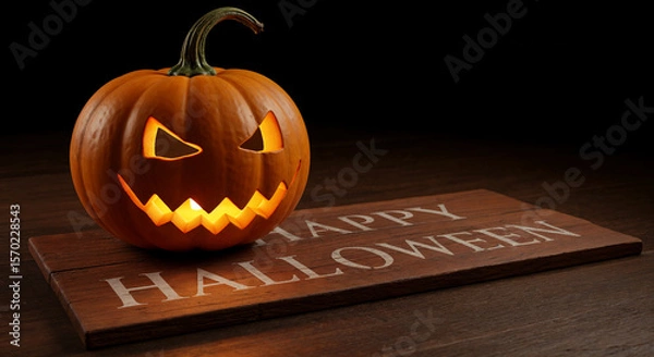 Fototapeta Glowing jack-o'-lantern with Happy Halloween sign