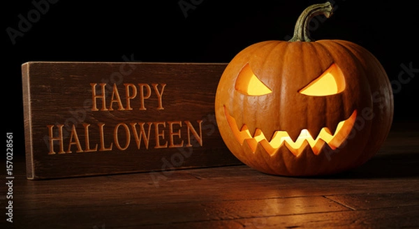 Fototapeta Glowing jack-o'-lantern with Happy Halloween sign