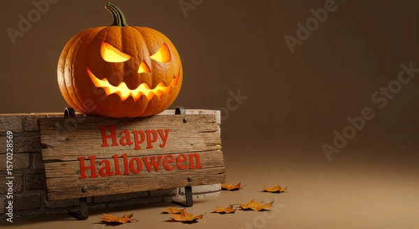 Fototapeta Glowing jack-o'-lantern with Happy Halloween sign