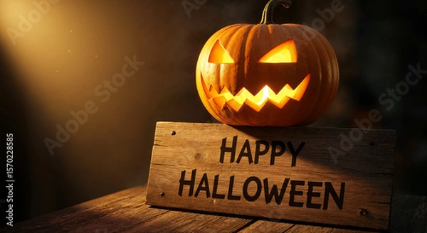 Fototapeta Glowing jack-o'-lantern with Happy Halloween sign