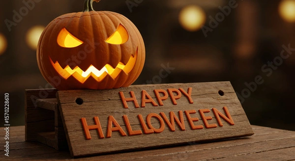 Fototapeta Glowing jack-o'-lantern with Happy Halloween sign
