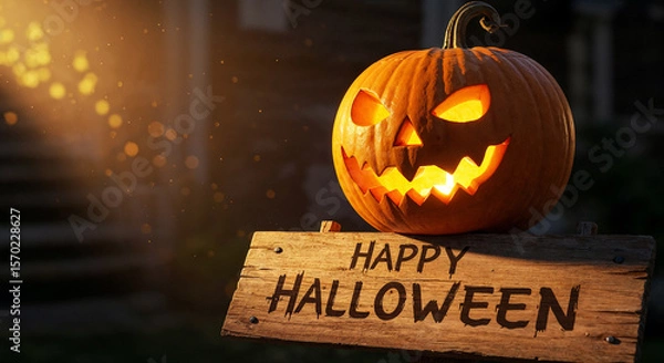 Fototapeta Glowing jack-o'-lantern with Happy Halloween sign