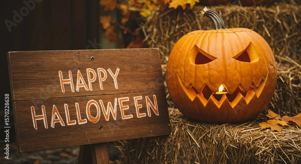 Fototapeta Glowing jack-o'-lantern with Happy Halloween sign