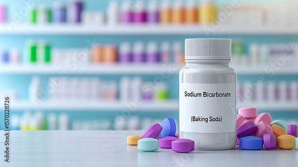 Fototapeta A clear bottle labeled Sodium Bicarbonate with colorful tablets scattered around, set against a soft-focus pharmacy background.