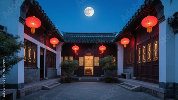 Fototapeta A tranquil courtyard at night, illuminated by lanterns and the moon, showcasing traditional Chinese architecture.