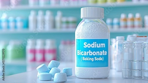 Fototapeta A clear bottle of sodium bicarbonate sits on a table surrounded by various lab equipment, showcasing its household and medical uses.