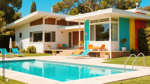 Fototapeta Colorful mid-century modern house with a pool and patio area under a sunny sky.