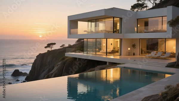 Fototapeta Modern coastal home with infinity pool overlooking ocean during sunset.