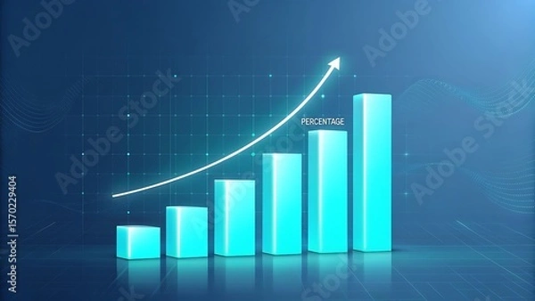 Fototapeta Glowing cyan bar chart with upward trending line and percentage indicator on a dark blue digital grid background representing growth and success