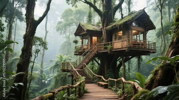 Fototapeta Treehouse nestled in a lush green forest, accessible by a wooden walkway, creating a tranquil and secluded retreat.