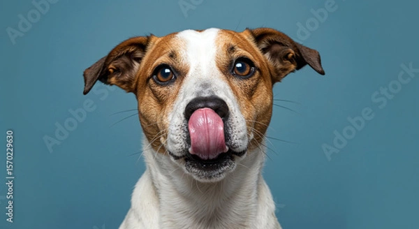 Fototapeta Portrait of dog licking its nose on blue background