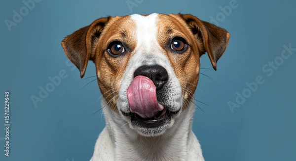 Fototapeta Portrait of dog licking its nose on blue background