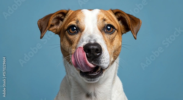 Fototapeta Portrait of dog licking its nose on blue background