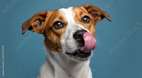 Fototapeta Portrait of dog licking its nose on blue background