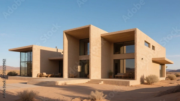 Fototapeta Modern desert house with geometric design and large windows in a sandy landscape under a clear blue sky.