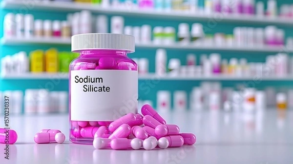 Fototapeta A clear jar filled with pink sodium silicate capsules, with scattered capsules in the foreground, set against a colorful pharmacy backdrop.
