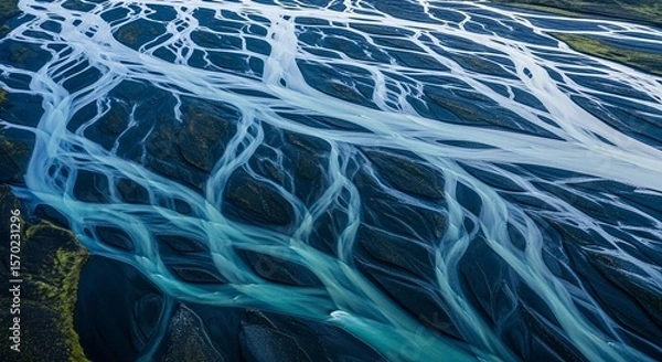 Obraz Aerial View of Braided River: An aerial perspective showcases a mesmerizing braided river, its turquoise water weaving intricate patterns across a dark landscape.
