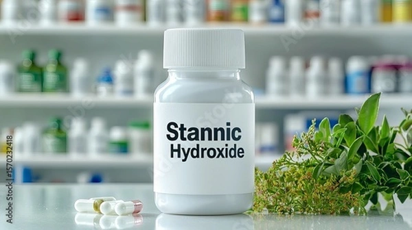Fototapeta Close-up of a medicine bottle labeled 'Stannic Hydroxide' with colorful capsules and greenery in a bright pharmacy setting.