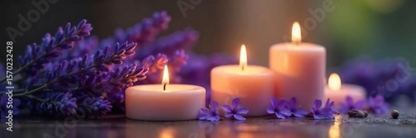 Fototapeta Lavender Candles Create a Serene and Relaxing Atmosphere Perfect for Spas, Meditation, and Home Decor