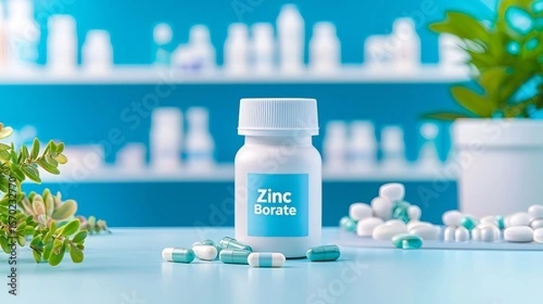 Fototapeta A bottle of Zinc Borate surrounded by capsules and a soothing turquoise backdrop, symbolizing wellness and health.