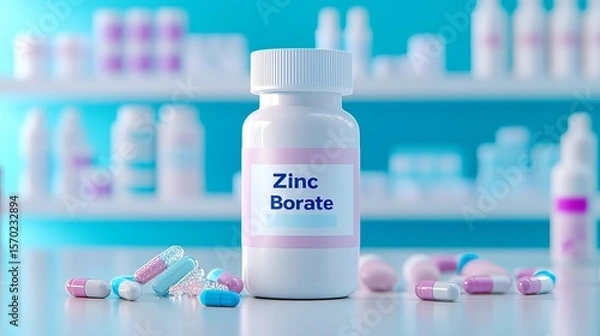 Fototapeta Close-up of a white container labeled 'Zinc Borate' with colorful capsules scattered around, set against a blue background.