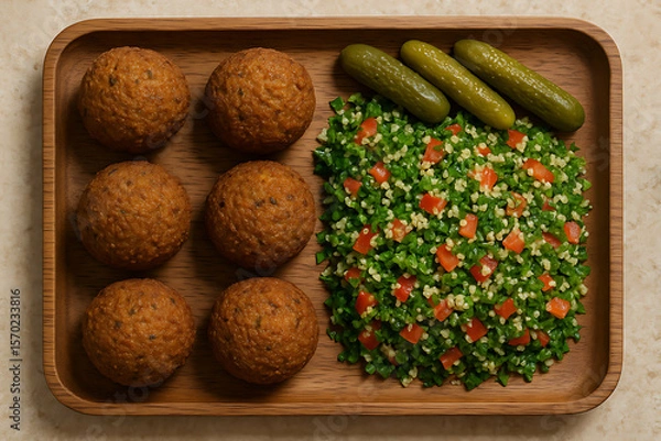 Obraz Wooden tray with six falafel balls, a fresh tabbouleh salad, and three pickles arranged neatly.