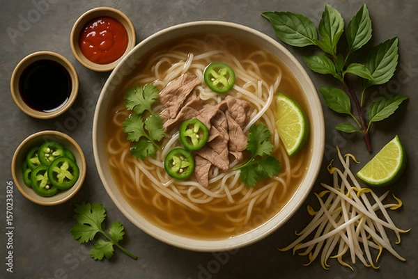 Obraz A bowl of Vietnamese pho with beef, noodles, lime, jalapeno, and fresh herbs accompanied by sauces and garnishes on a dark surface.