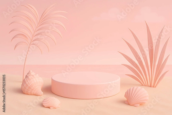 Obraz Minimalist pink scene with seashells, tropical leaves, and a round podium on a sandy surface under a soft sky.