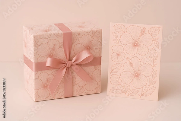 Obraz A beautifully wrapped gift box and matching card featuring delicate floral designs in soft pink tones, perfect for special occasions.