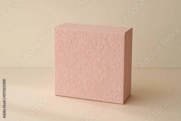 Obraz A pastel pink rectangular box with an embossed floral pattern, set against a matching soft beige background.