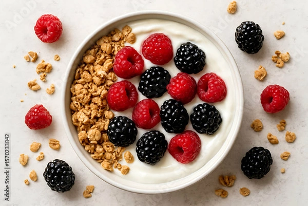 Obraz A bowl of creamy yogurt topped with fresh raspberries, blackberries, and crunchy granola, with scattered berries and granola on the surface.