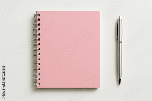 Obraz A pink spiral notebook and a silver pen are neatly placed on a clean, light-colored surface.