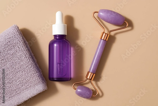 Obraz A wellness set featuring a purple dropper bottle, a lavender facial roller, and a matching towel on a beige background.