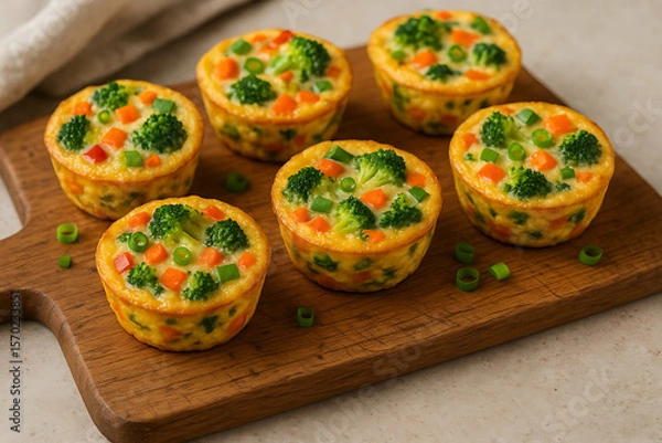Obraz Six colorful vegetable egg muffins with broccoli, carrots, and green onions on a wooden board.