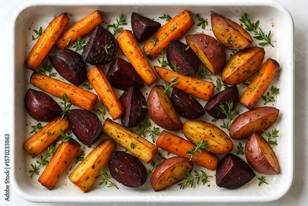 Obraz Roasted carrots, beets, and potatoes seasoned with herbs on a white baking tray.