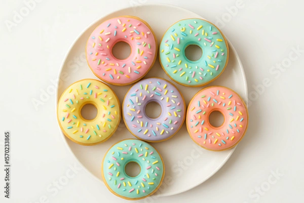 Obraz Six colorful donuts with pastel icing and multicolored sprinkles arranged on a white plate.