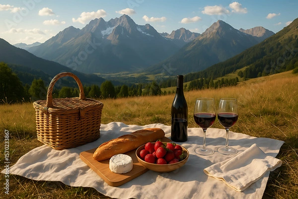 Obraz A scenic picnic setup with wine, strawberries, bread, and cheese on a blanket, overlooking a mountainous landscape under a partly cloudy sky.