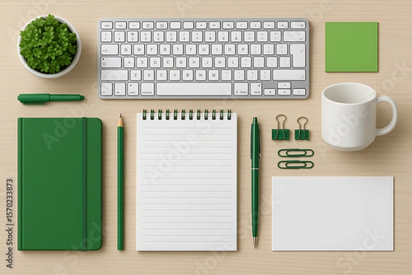 Obraz A neatly arranged workspace with green-themed office supplies, a keyboard, notebook, pen, clips, a plant, and a white coffee mug on a light wooden surface.
