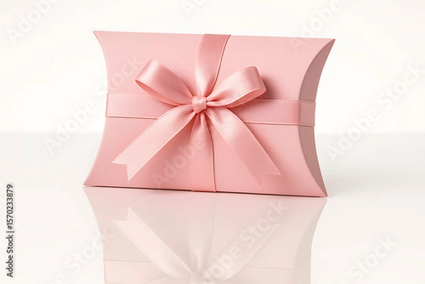Obraz A soft pink pillow-shaped gift box adorned with a satin ribbon bow, reflecting elegantly on a glossy surface.
