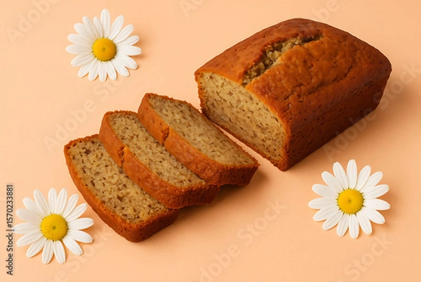 Obraz A freshly baked loaf of banana bread with three slices cut, surrounded by three white daisies on a peach background.