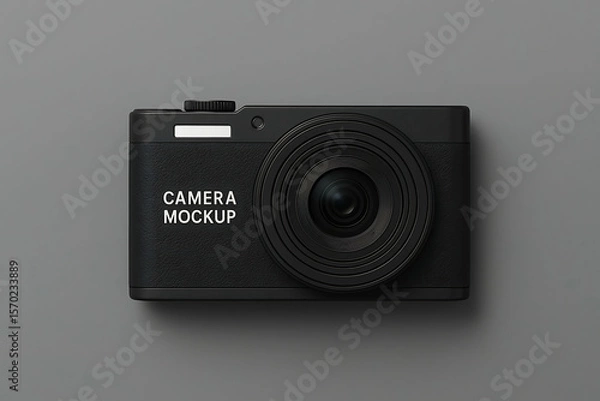 Obraz A sleek black compact camera with a large lens is displayed on a gray background, labeled as a "Camera Mockup.
