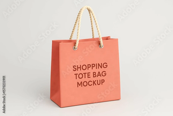 Obraz A coral-colored shopping tote bag with rope handles, displayed on a plain background, featuring "SHOPPING TOTE BAG MOCKUP" text in the center.