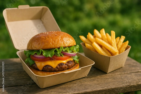 Obraz A juicy cheeseburger with lettuce, tomato, and onion in a takeout box, served alongside crispy golden French fries in an eco-friendly container outdoors.
