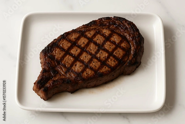 Obraz Juicy grilled steak with clear char marks served on a white rectangular plate, showcasing a perfectly cooked medium-rare ribeye or sirloin cut.